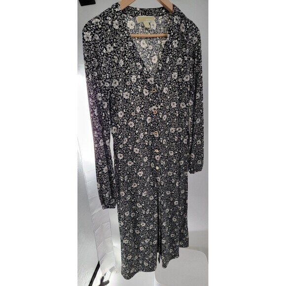 MICHAEL KORS BLACK & BONE FLORAL STRETCH BUTTON DOWN MIDI DRESS - Picture 1 of 6